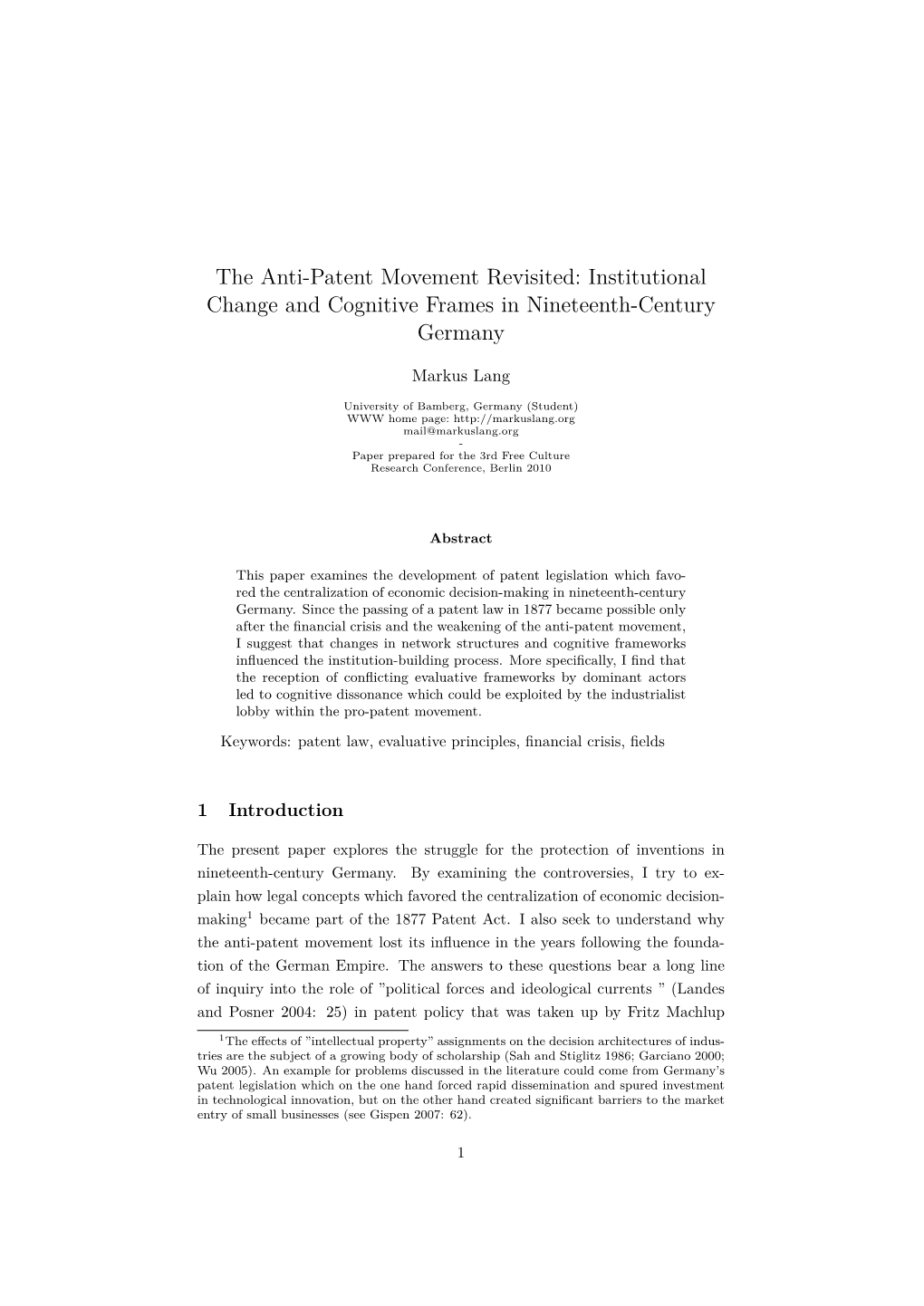 The Anti-Patent Movement Revisited: Institutional Change and Cognitive Frames in Nineteenth-Century Germany