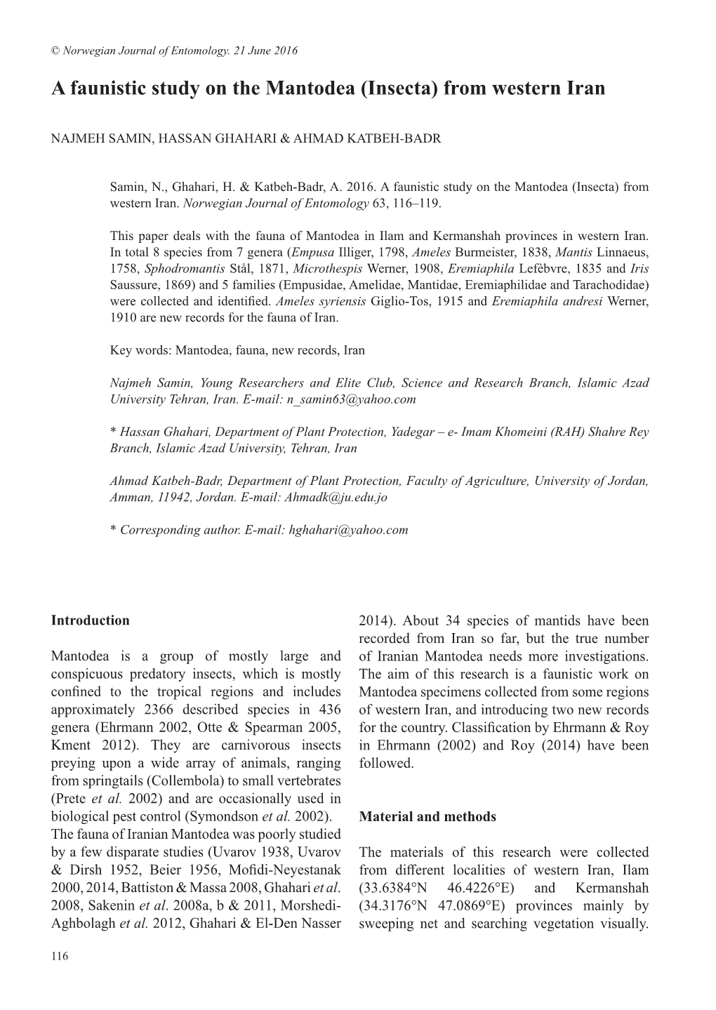 A Faunistic Study on the Mantodea (Insecta) from Western Iran