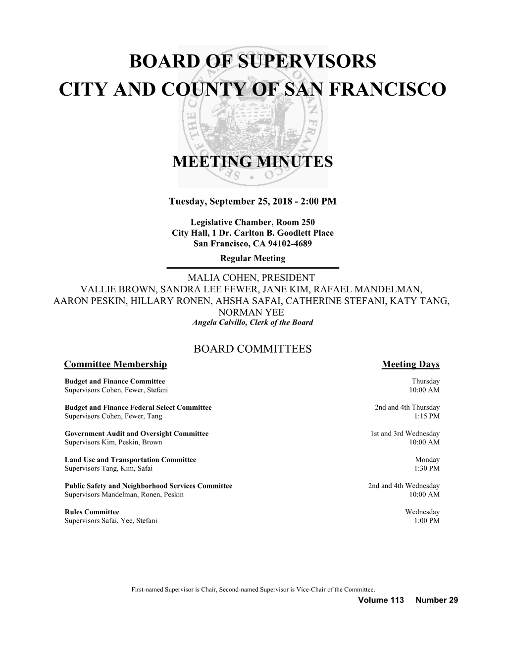 Board of Supervisors City and County of San Francisco