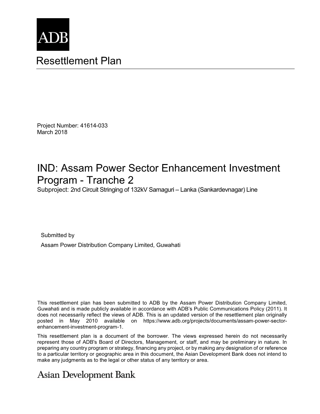 Assam Power Sector Enhancement Investment Program - Tranche 2 Subproject: 2Nd Circuit Stringing of 132Kv Samaguri – Lanka (Sankardevnagar) Line