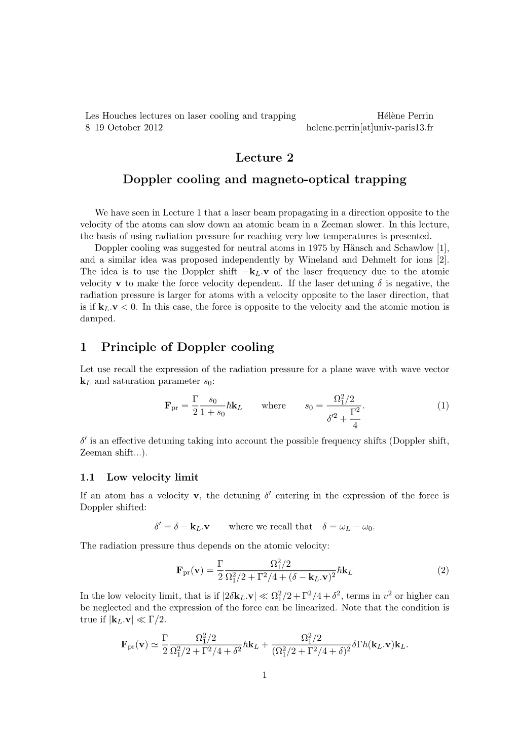 Lecture 2 Doppler Cooling and Magneto-Optical Trapping 1