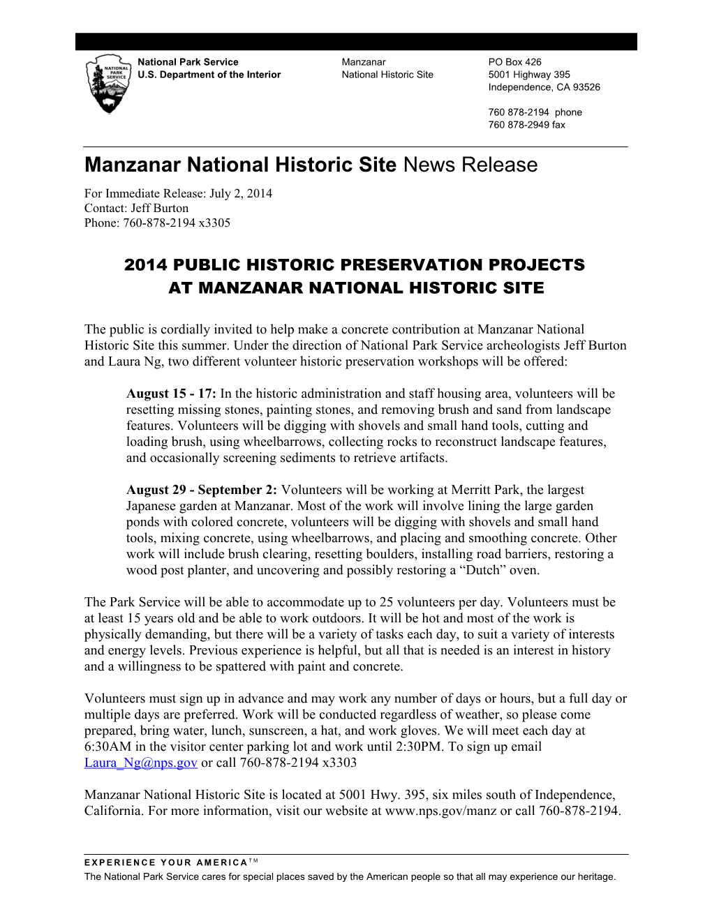 Manzanar National Historic Site News Release s2