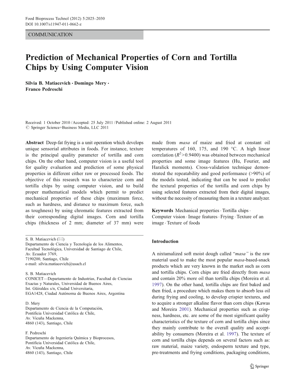 Prediction of Mechanical Properties of Corn and Tortilla Chips by Using Computer Vision