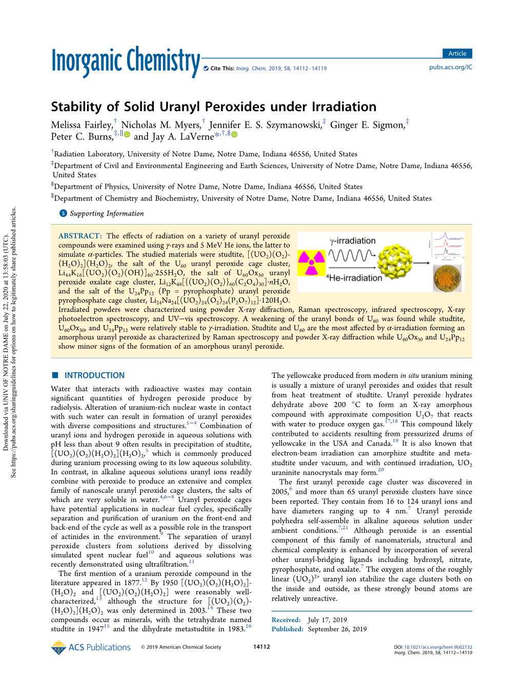 Stability of Solid Uranyl Peroxides Under Irradiation † † ‡ ‡ Melissa Fairley, Nicholas M
