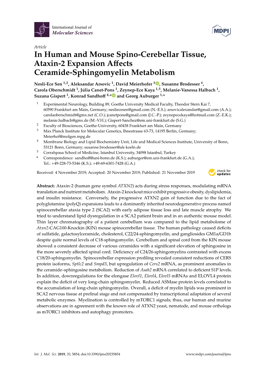 In Human and Mouse Spino-Cerebellar Tissue, Ataxin-2 Expansion Aﬀects Ceramide-Sphingomyelin Metabolism