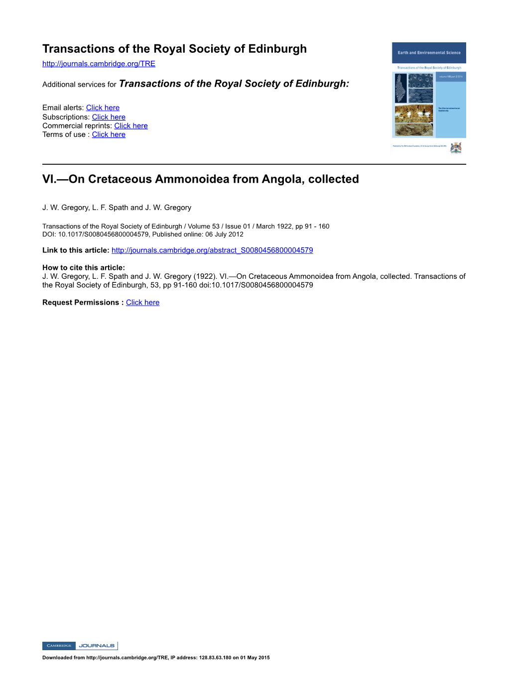 On Cretaceous Ammonoidea from Angola, Collected