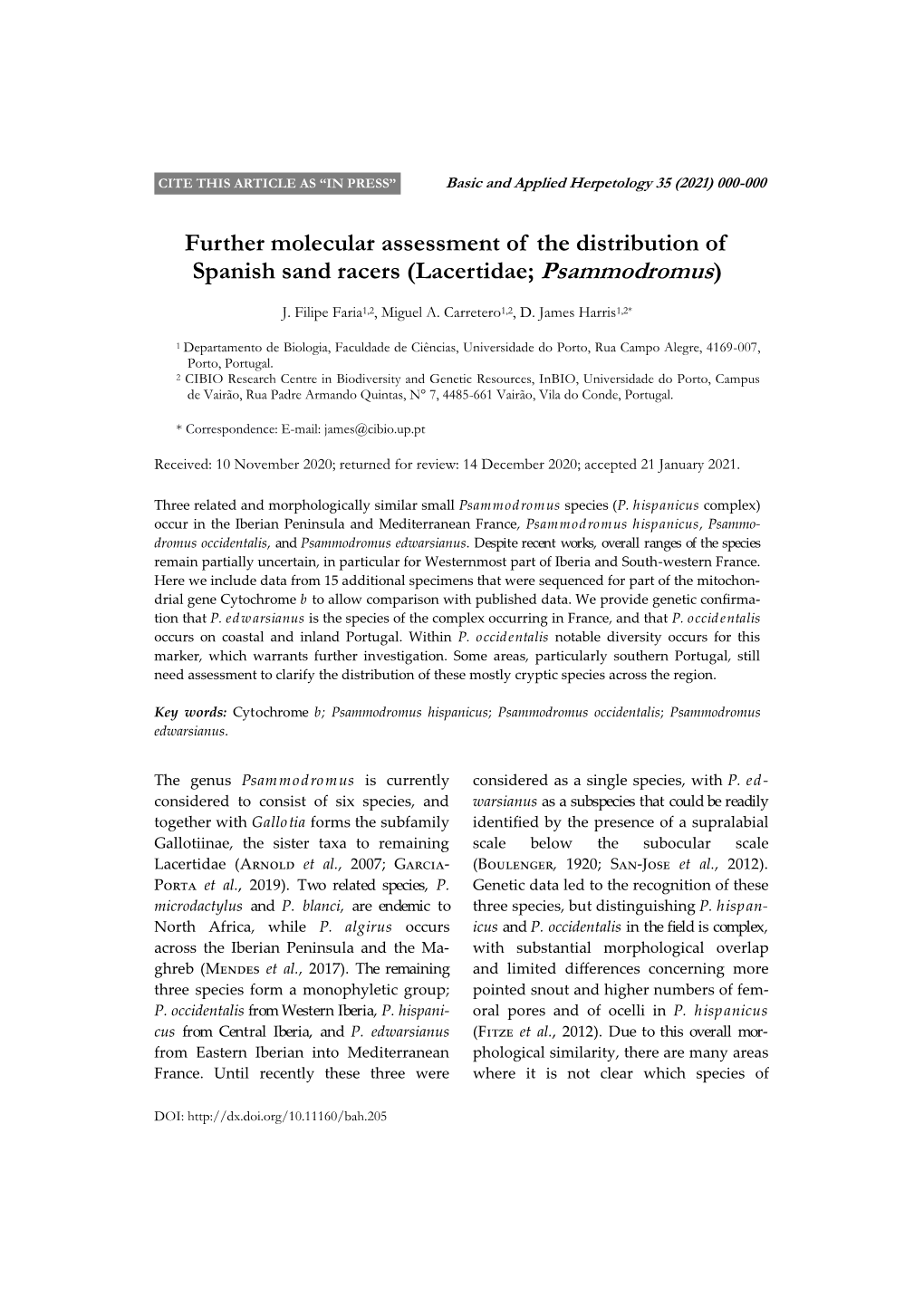 Further Molecular Assessment of the Distribution of Spanish Sand Racers (Lacertidae; Psammodromus)