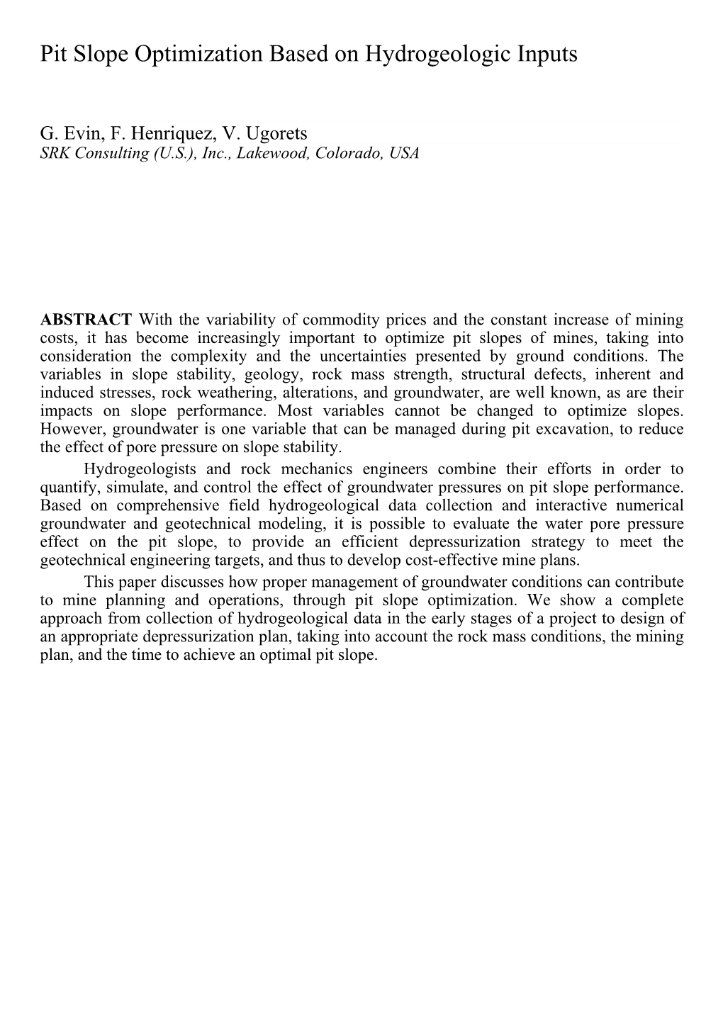 Pit Slope Optimization Based on Hydrogeologic Inputs