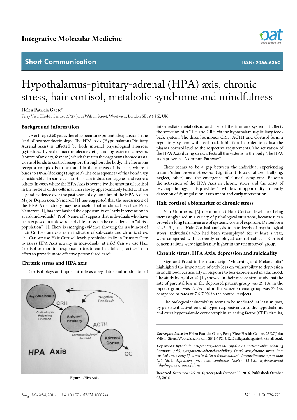 Axis, Chronic Stress, Hair Cortisol, Metabolic Syndrome and Mindfulness