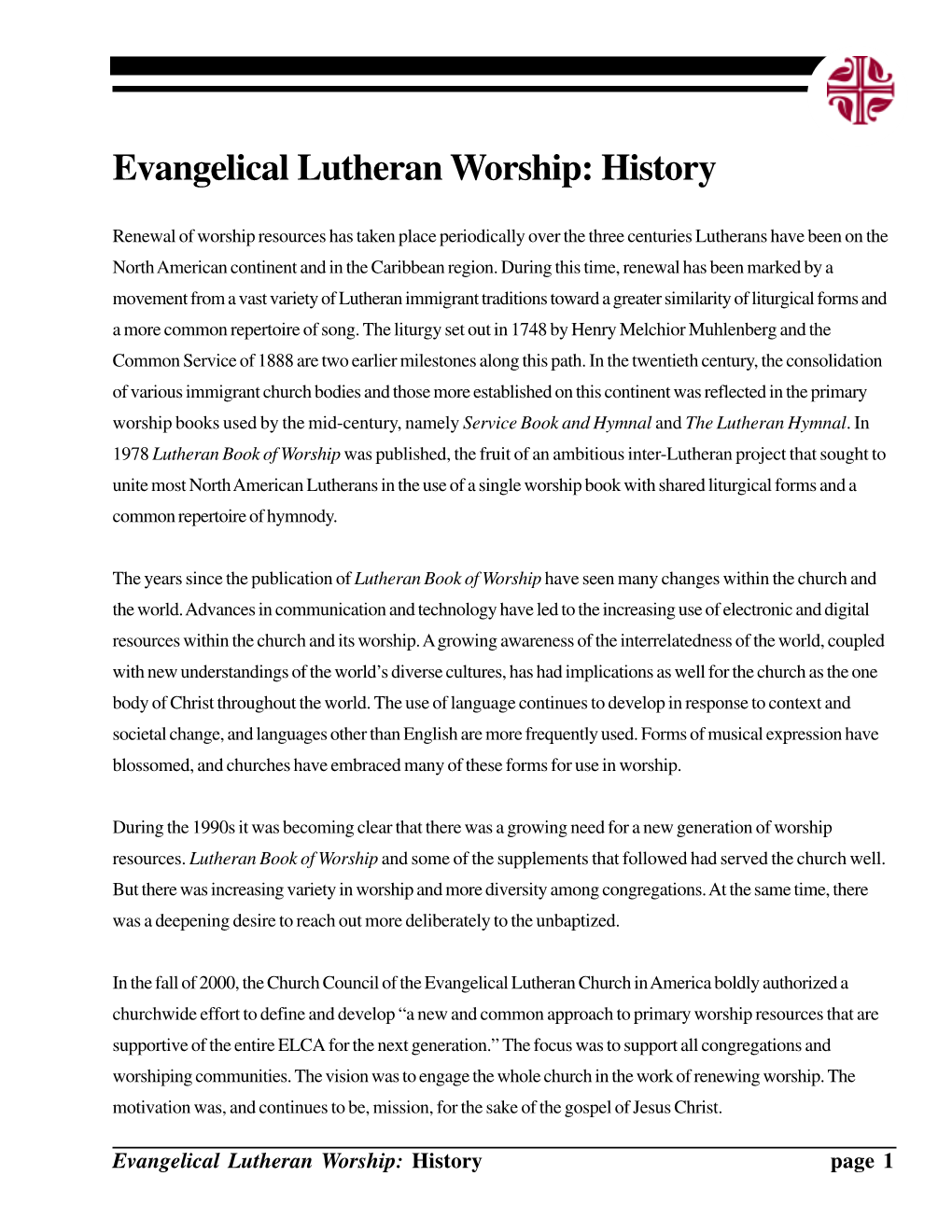 Evangelical Lutheran Worship: History