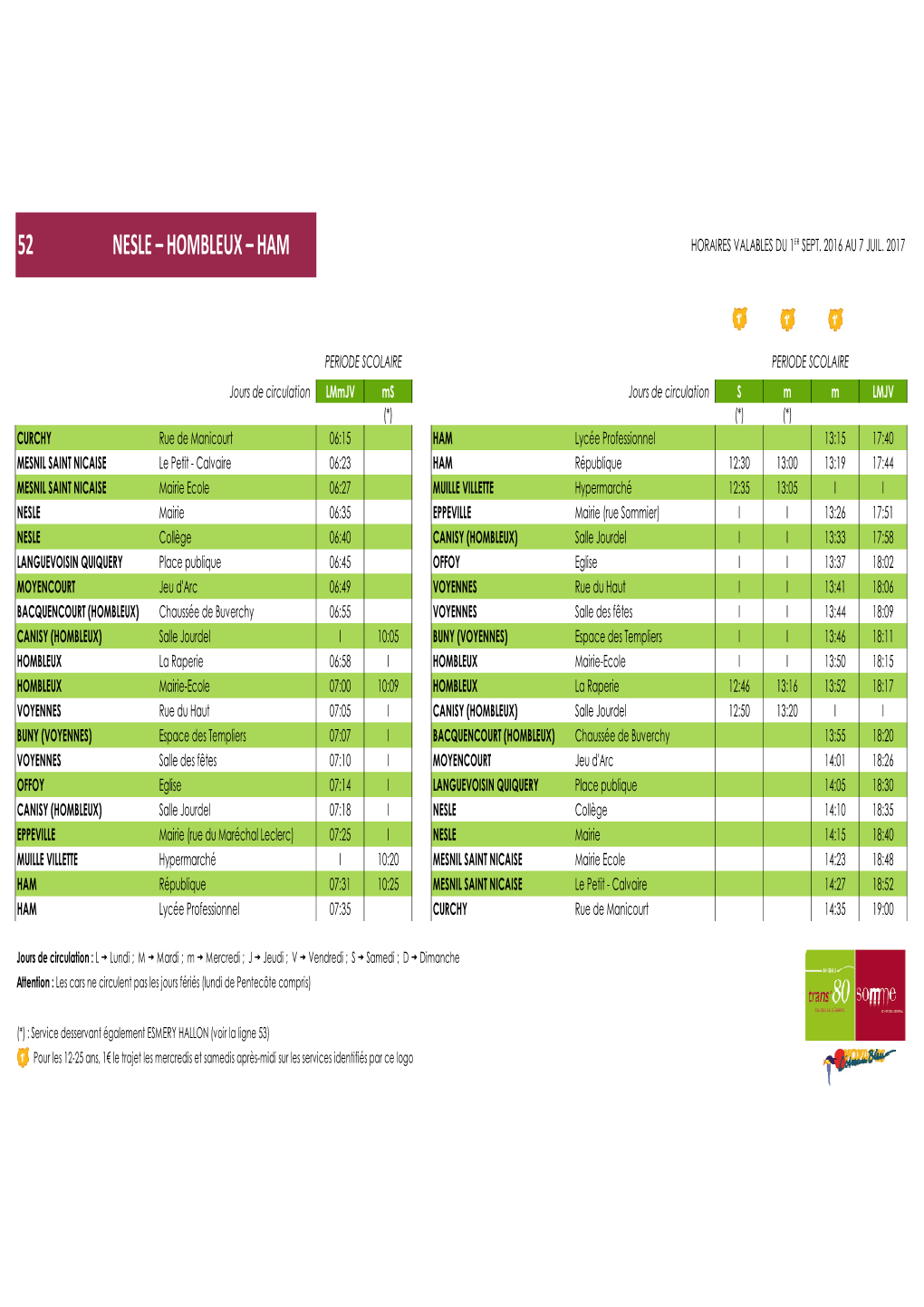 52 Nesle – Hombleux – Ham Horaires Valables Du 1 Er Sept