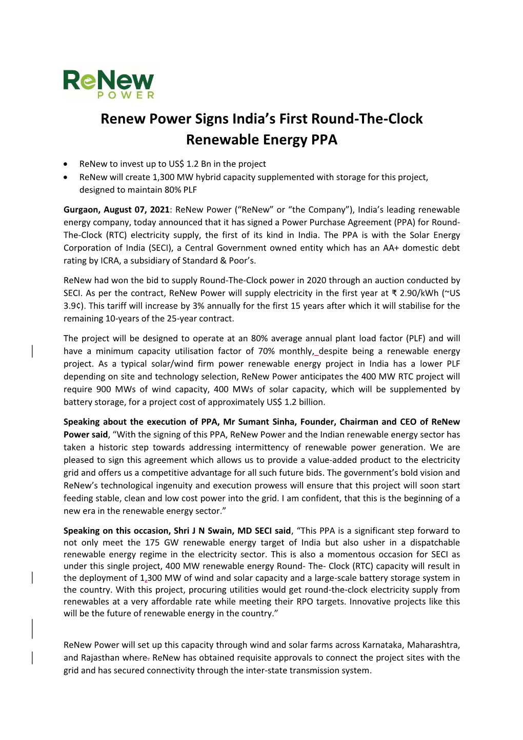 Renew Power Signs India's First Round-The-Clock Renewable