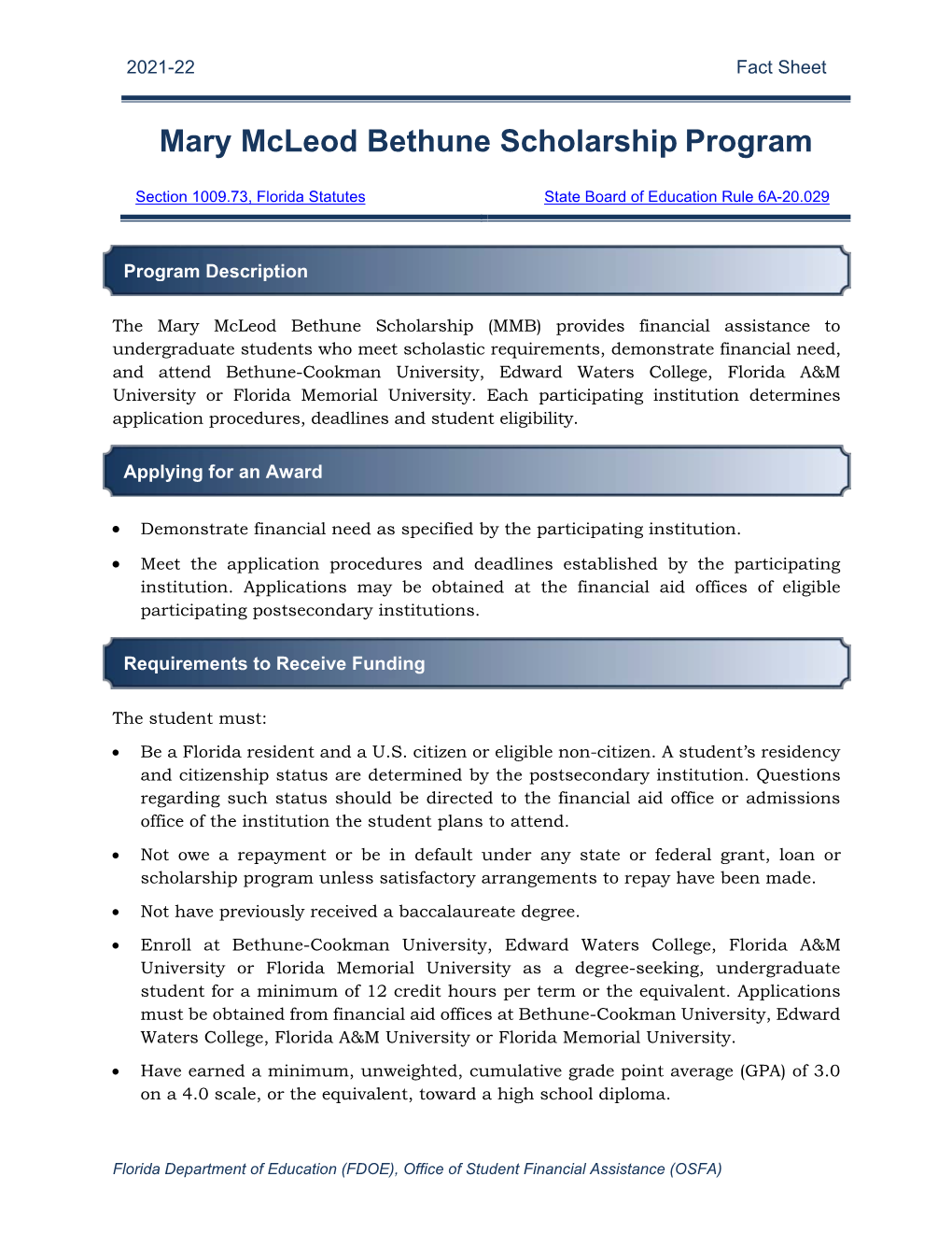 Mary Mcleod Bethune Scholarship Program