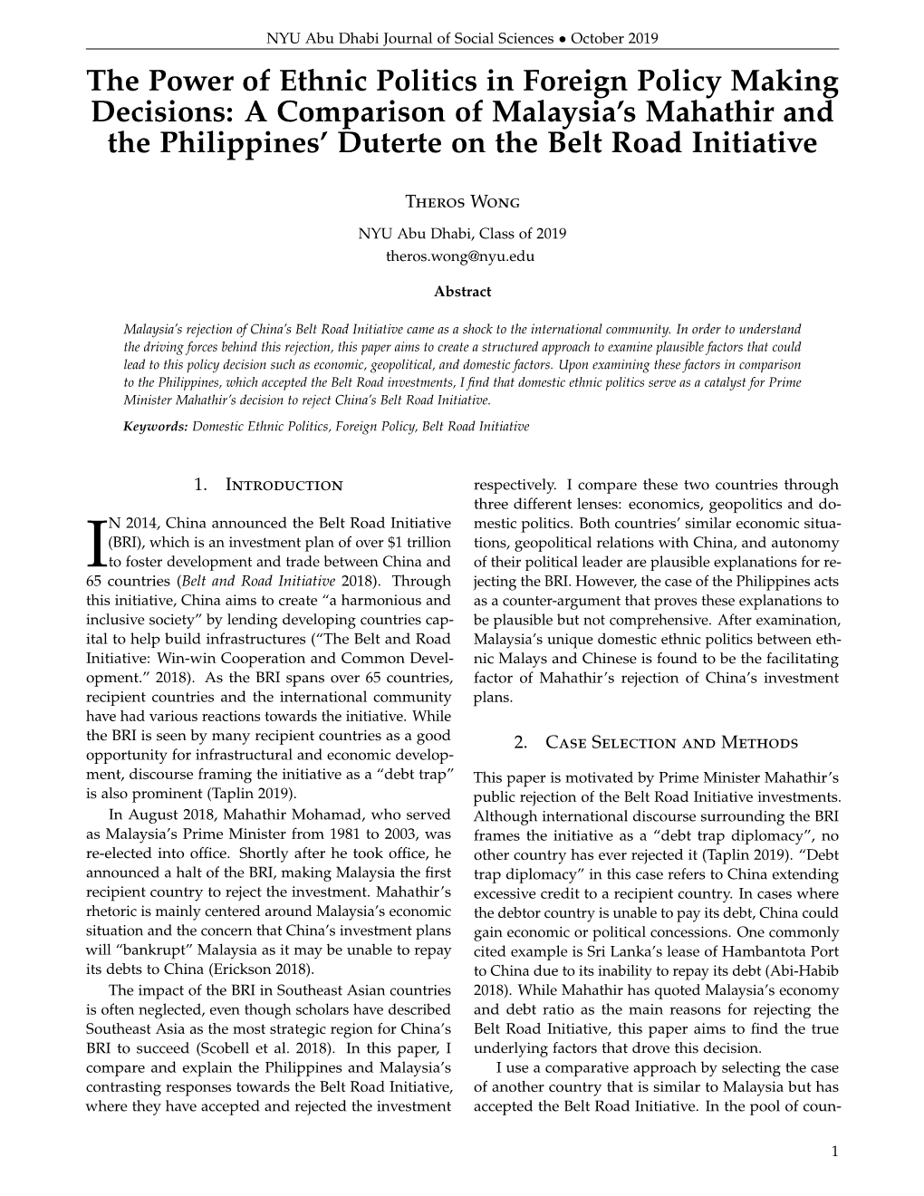 The Power of Ethnic Politics in Foreign Policy Making Decisions: a Comparison of Malaysia’S Mahathir and the Philippines’ Duterte on the Belt Road Initiative