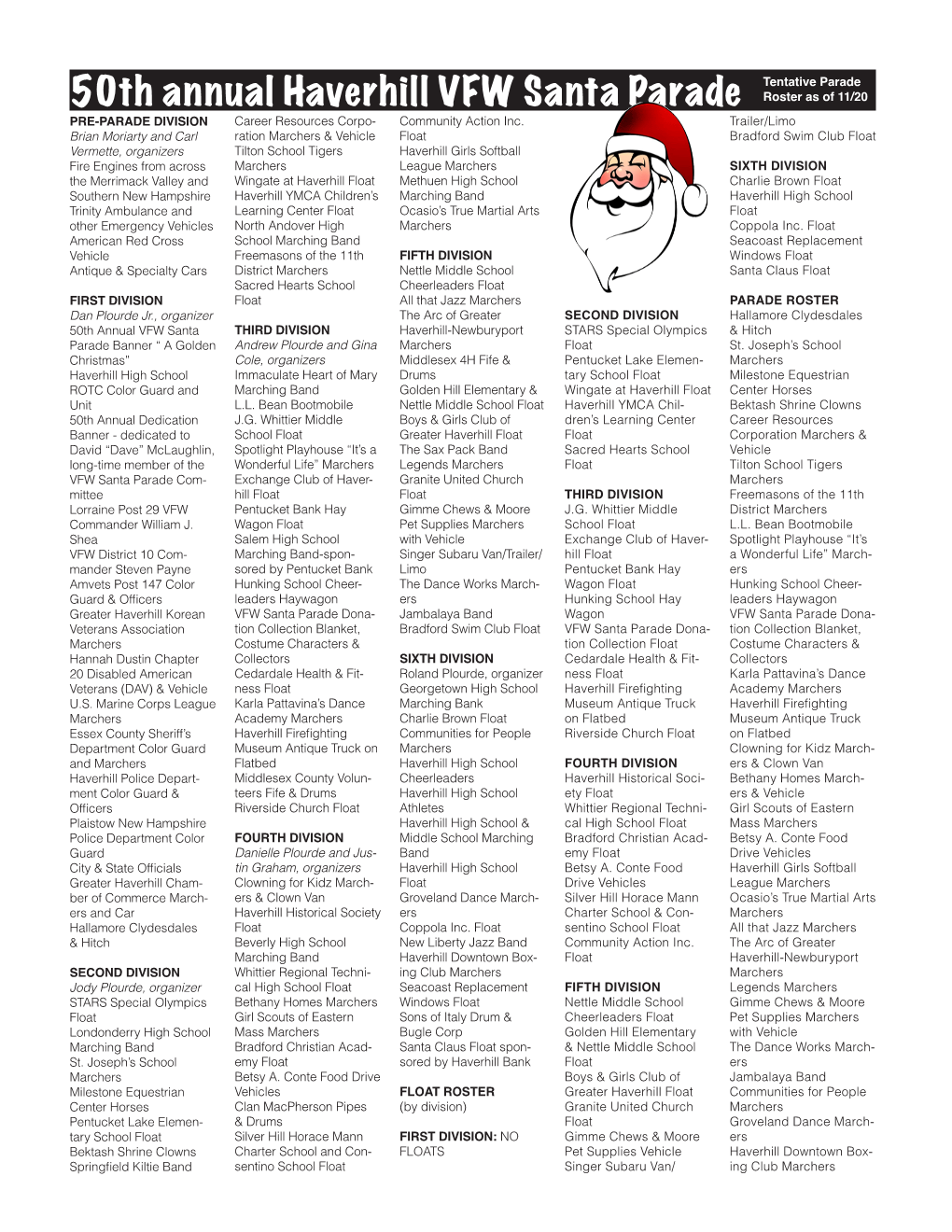 50Th Annual Haverhill VFW Santa Parade Tentative Parade