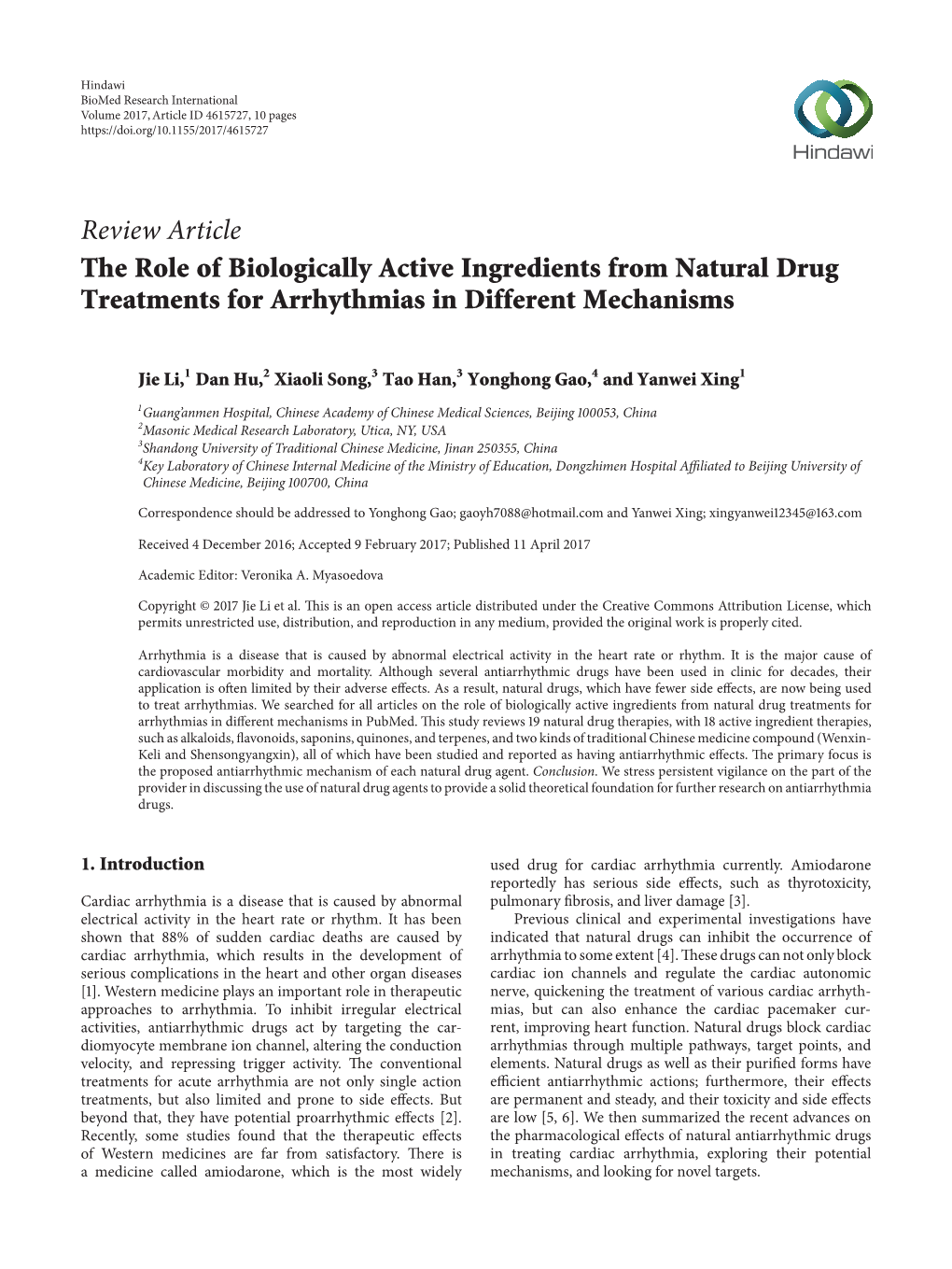 Review Article the Role of Biologically Active Ingredients from Natural Drug Treatments for Arrhythmias in Different Mechanisms