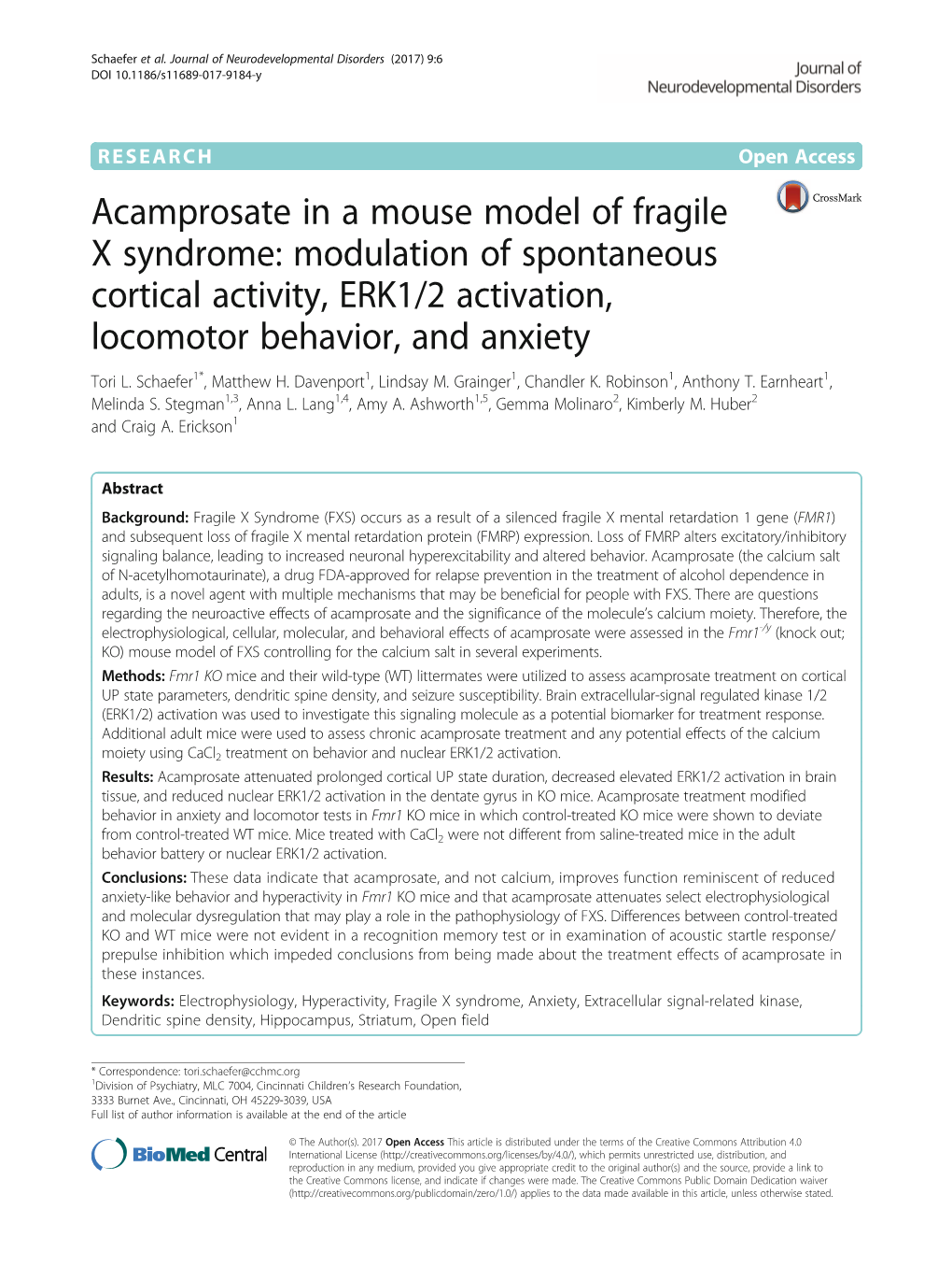 Acamprosate in a Mouse Model of Fragile X Syndrome: Modulation of Spontaneous Cortical Activity, ERK1/2 Activation, Locomotor Behavior, and Anxiety Tori L