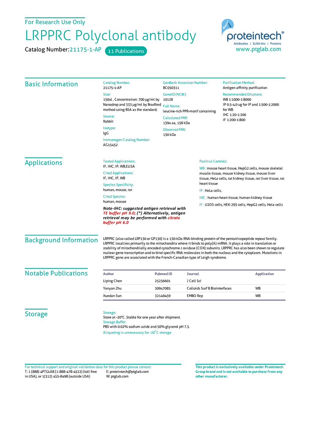 LRPPRC Polyclonal Antibody Catalog Number:21175-1-AP 11 Publications