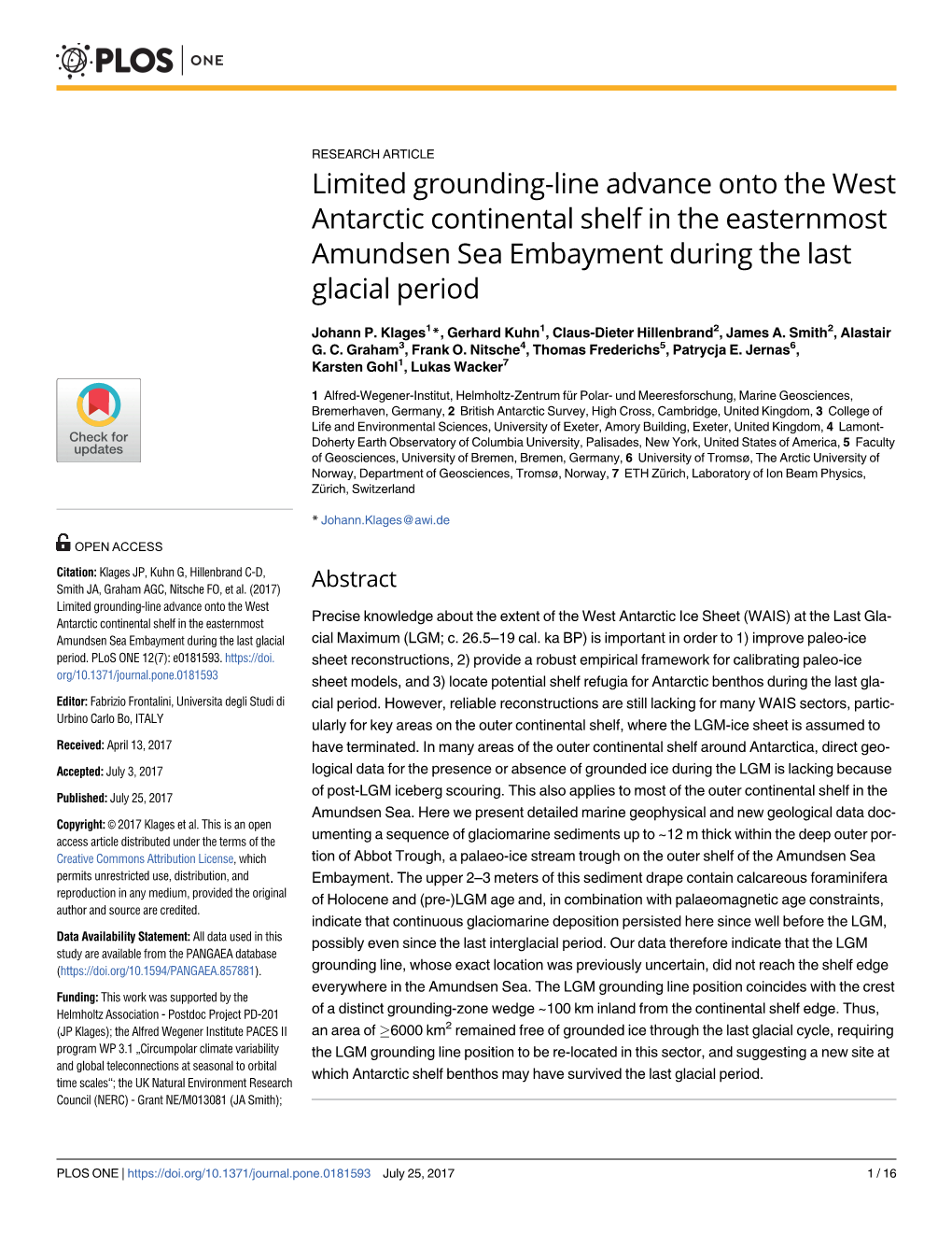 Limited Grounding-Line Advance Onto the West Antarctic Continental Shelf in the Easternmost Amundsen Sea Embayment During the Last Glacial Period