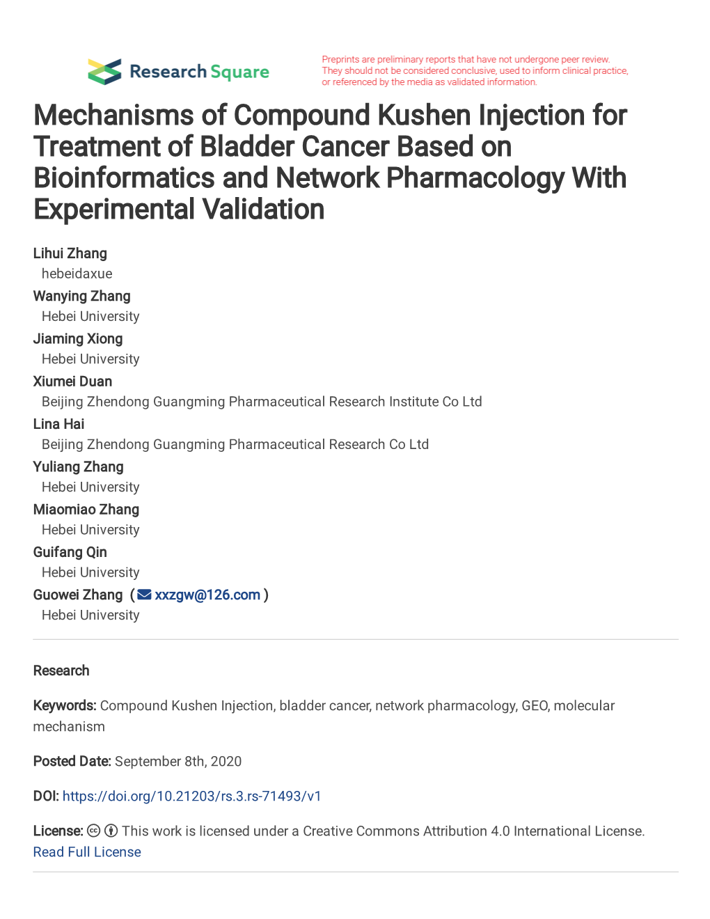 Mechanisms of Compound Kushen Injection for Treatment of Bladder Cancer Based on Bioinformatics and Network Pharmacology with Experimental Validation