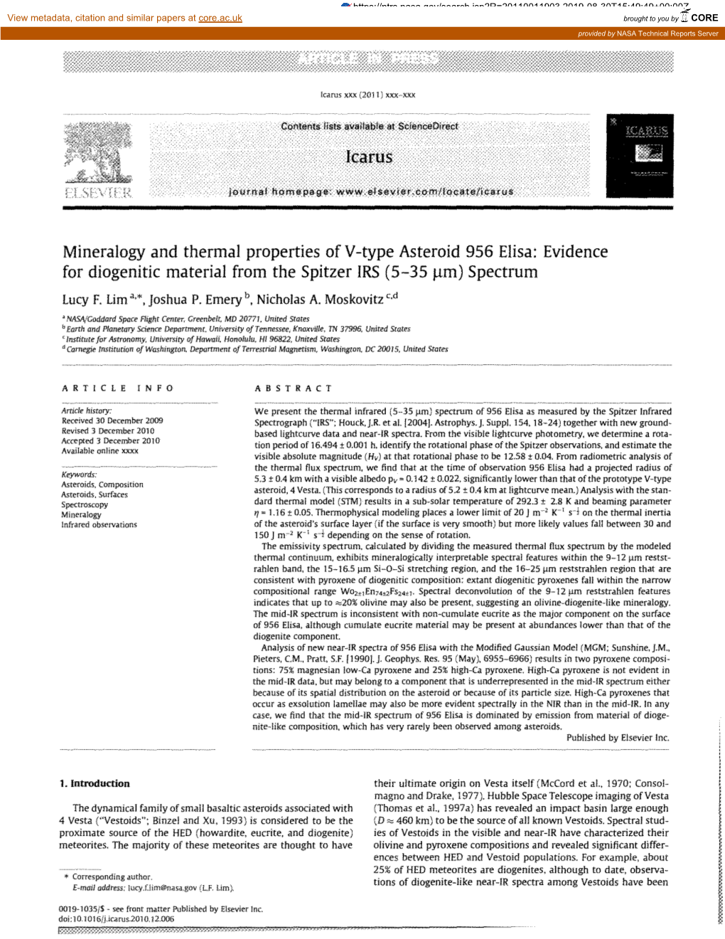 Mineralogy and Thermal Properties of V-Type Asteroid 956 Elisa: Evidence for Diogenitic Material from the Spitzer IRS (5-35 Jim) Spectrum