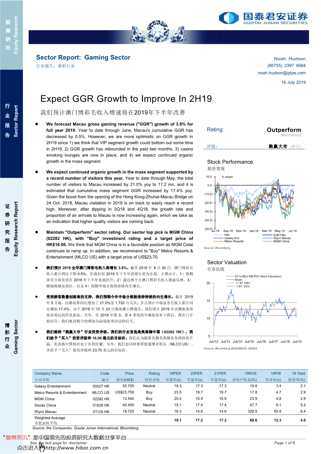 Expect GGR Growth to Improve in 2H19 行 我们预计澳门博彩毛收入增速将在 年下半年改善 业 2019