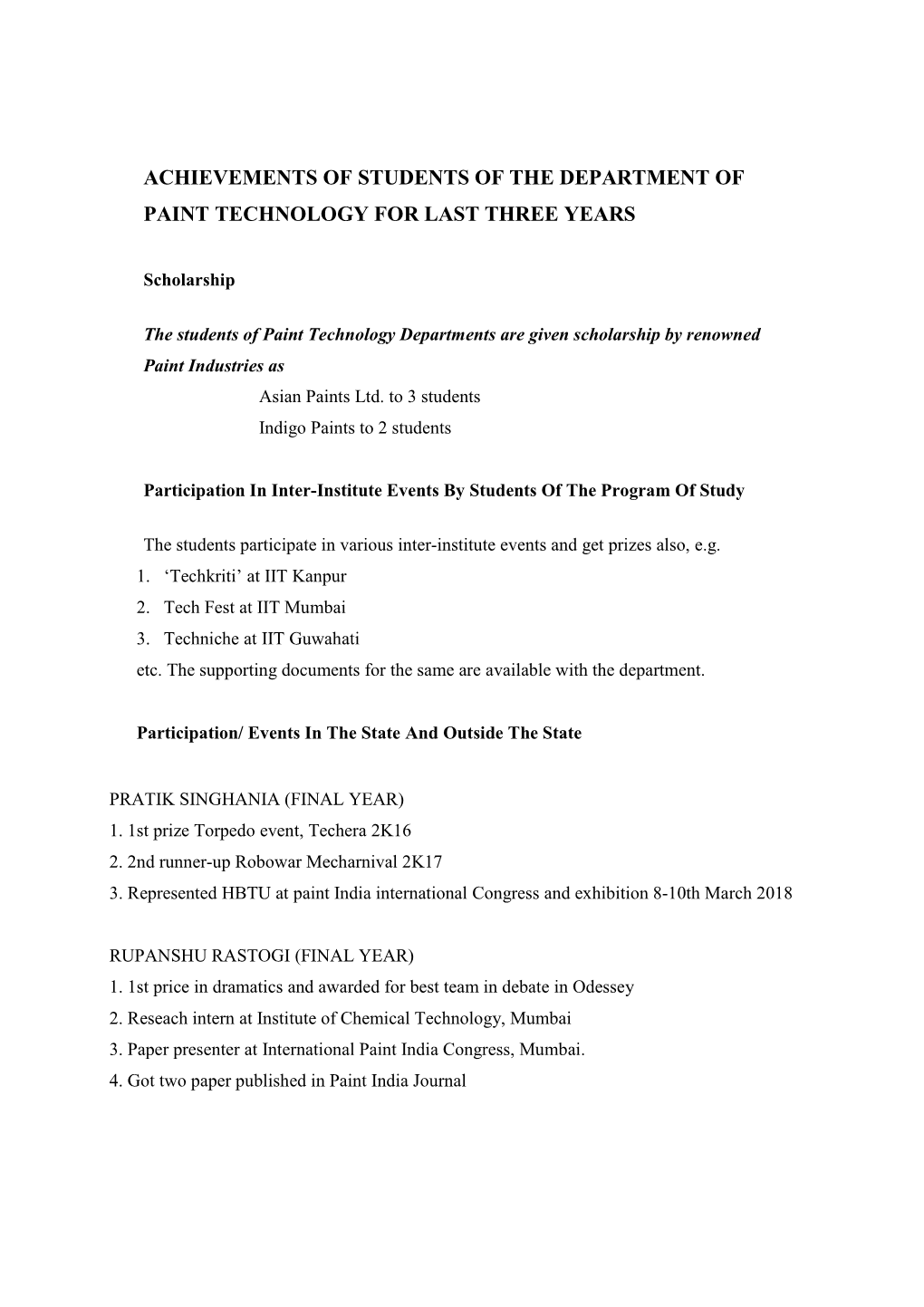 Achievements of Students of the Department of Paint Technology for Last Three Years