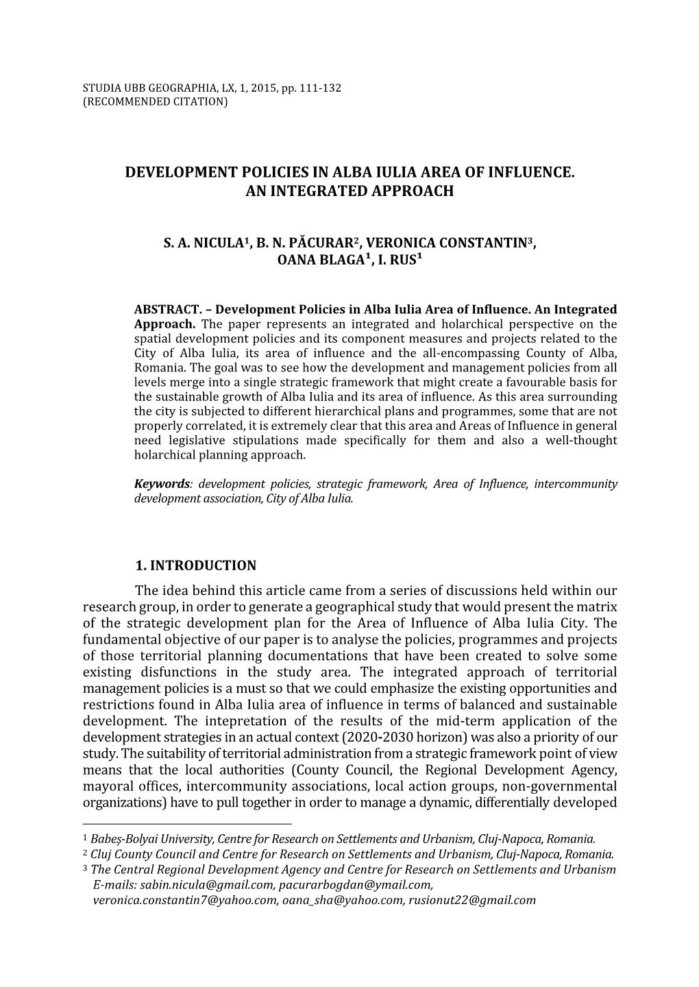 Development Policies in Alba Iulia Area of Influence. an Integrated Approach