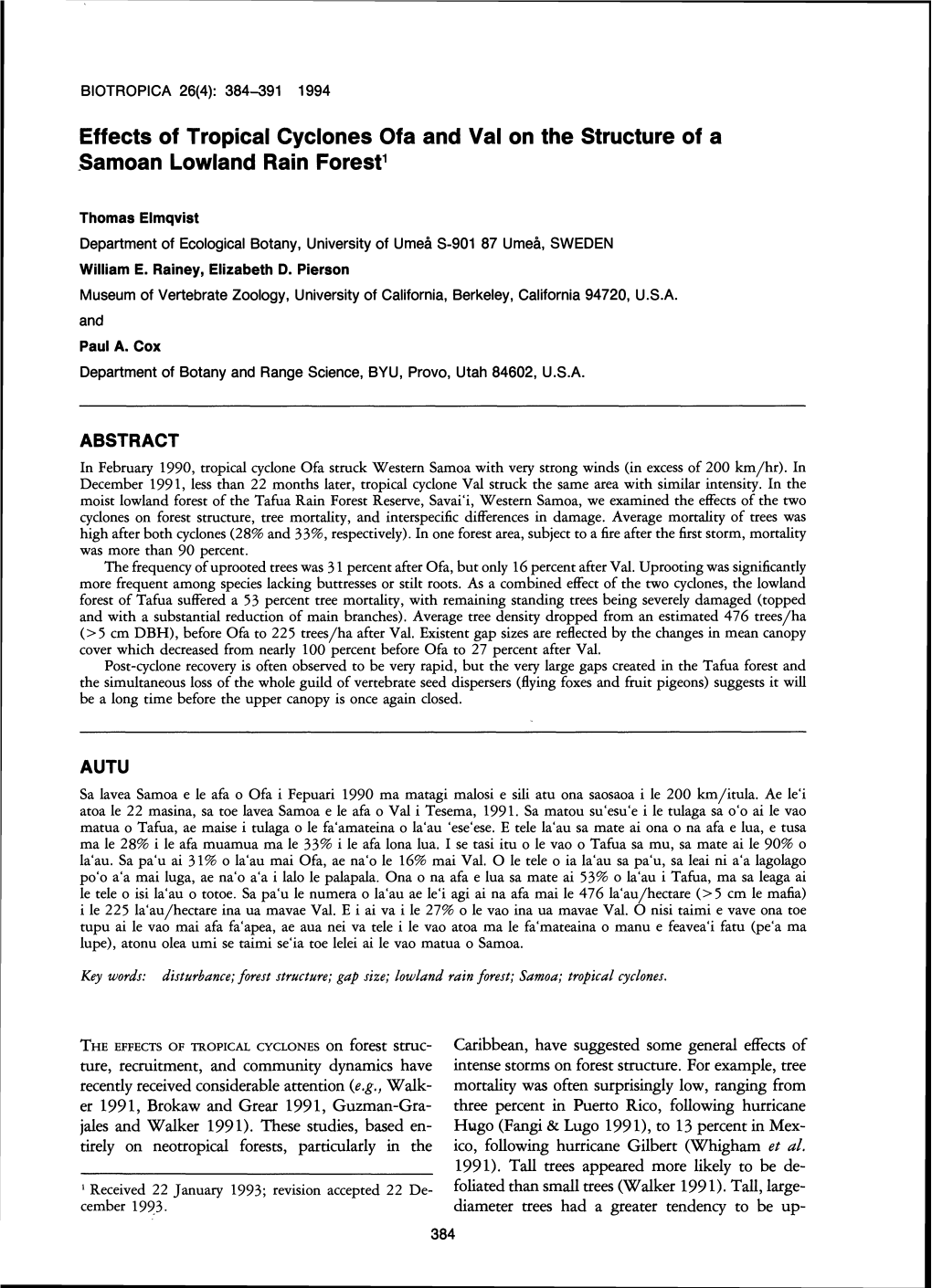 Effects of Tropical Cyclones Ofa and Val on the Structure of a .Samoan Lowland Rain Forest1