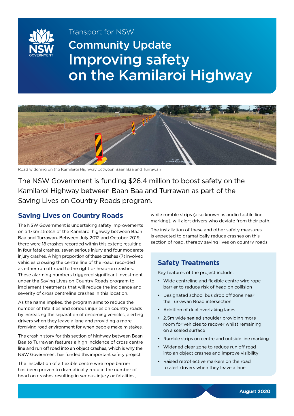 Improving Safety on the Kamilaroi Highway Project Update August 2020