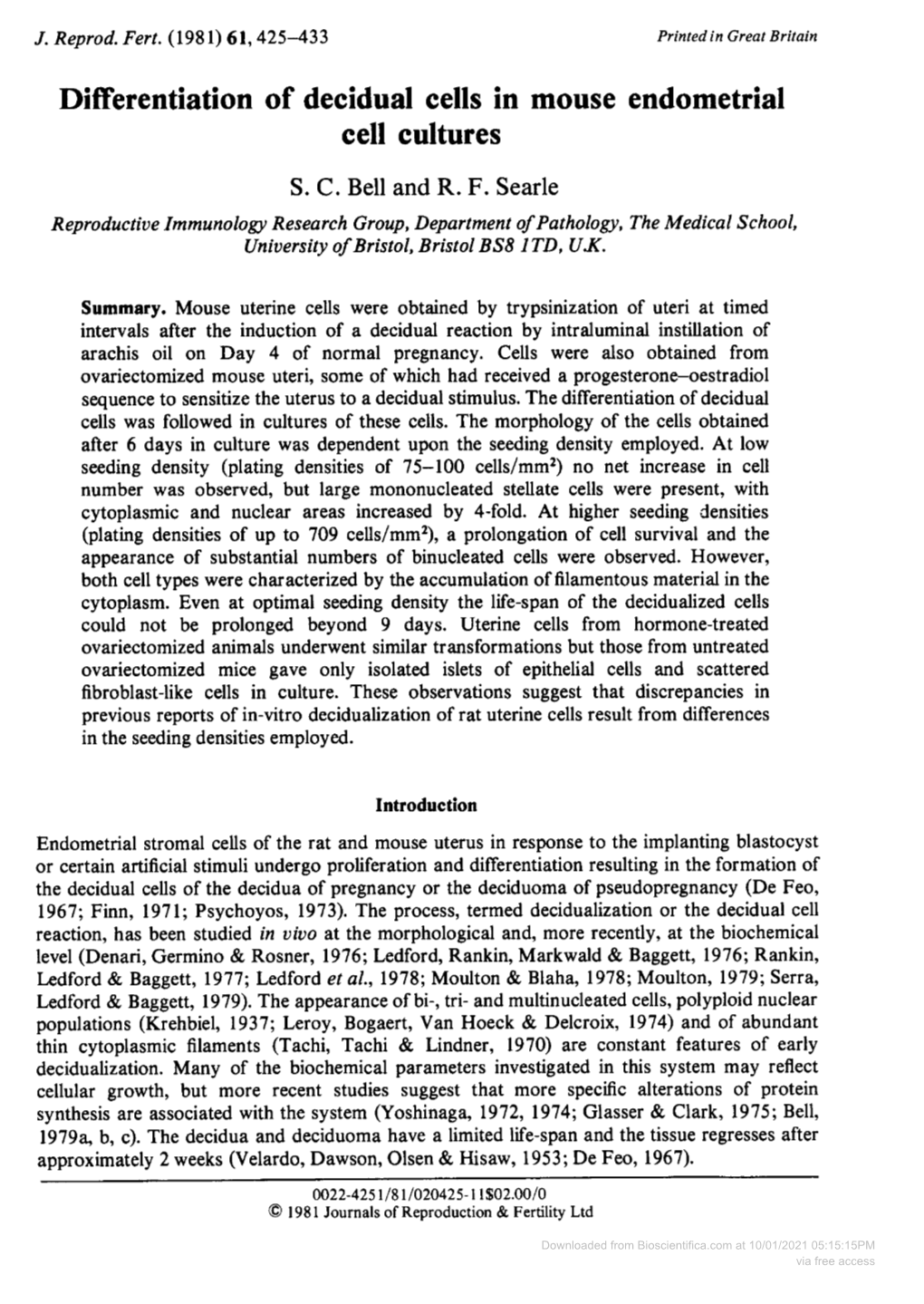 Differentiation of Decidual Cells in Mouse Endometrial Cell Cultures