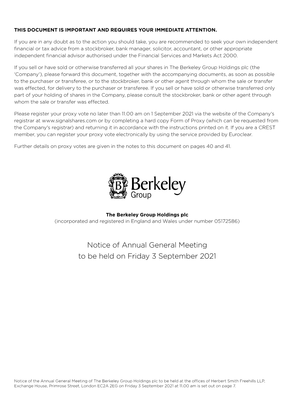 Notice of Annual General Meeting to Be Held on Friday 3 September 2021