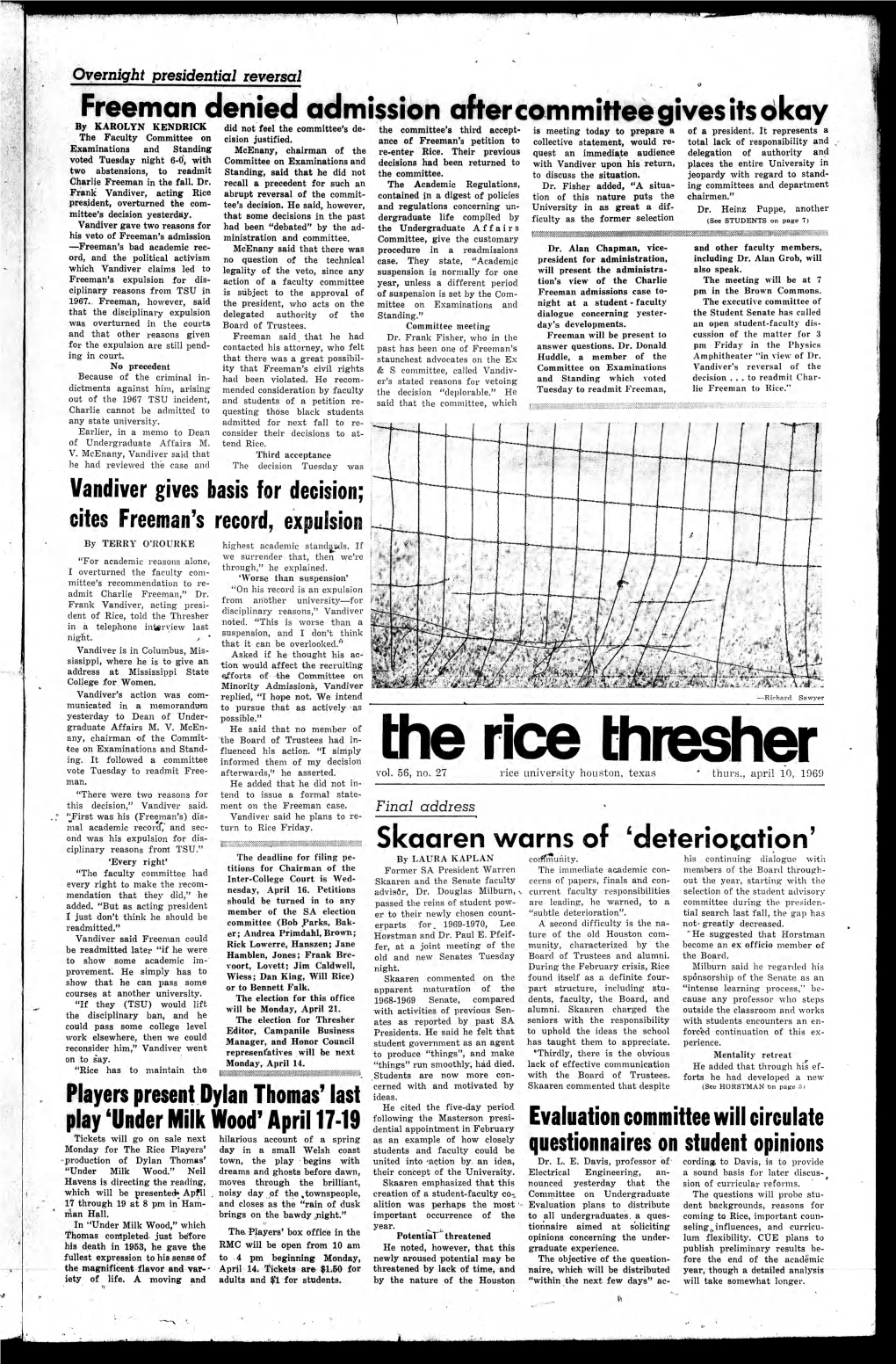 The Rice Thresher Vote Tuesday to Readmit Free- Afterwards,