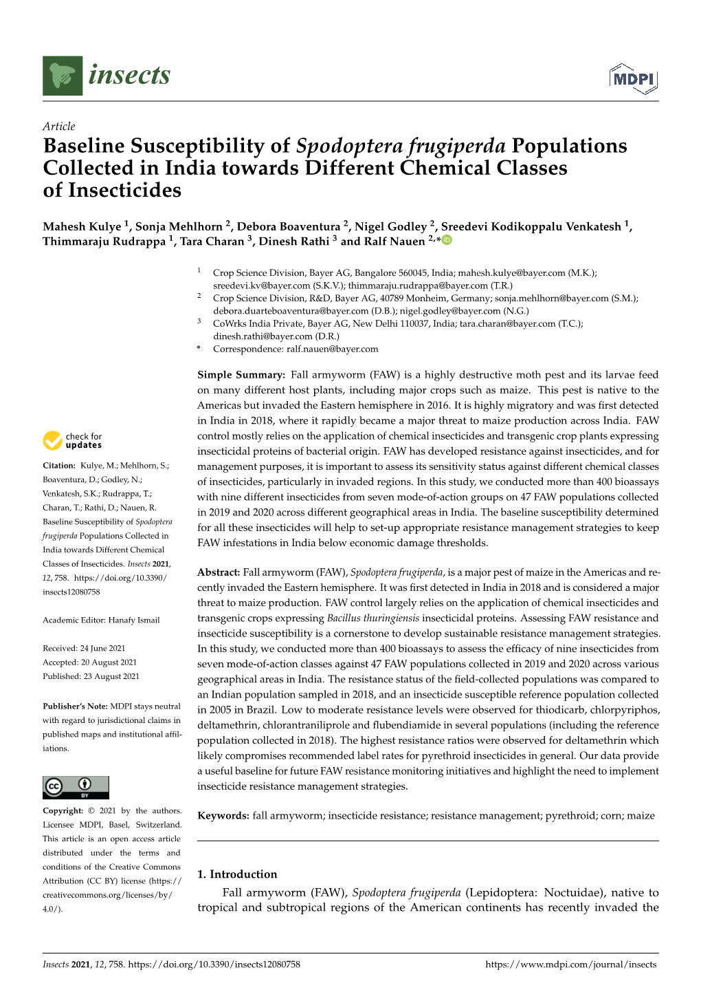 Baseline Susceptibility of Spodoptera Frugiperda Populations Collected in India Towards Different Chemical Classes of Insecticides