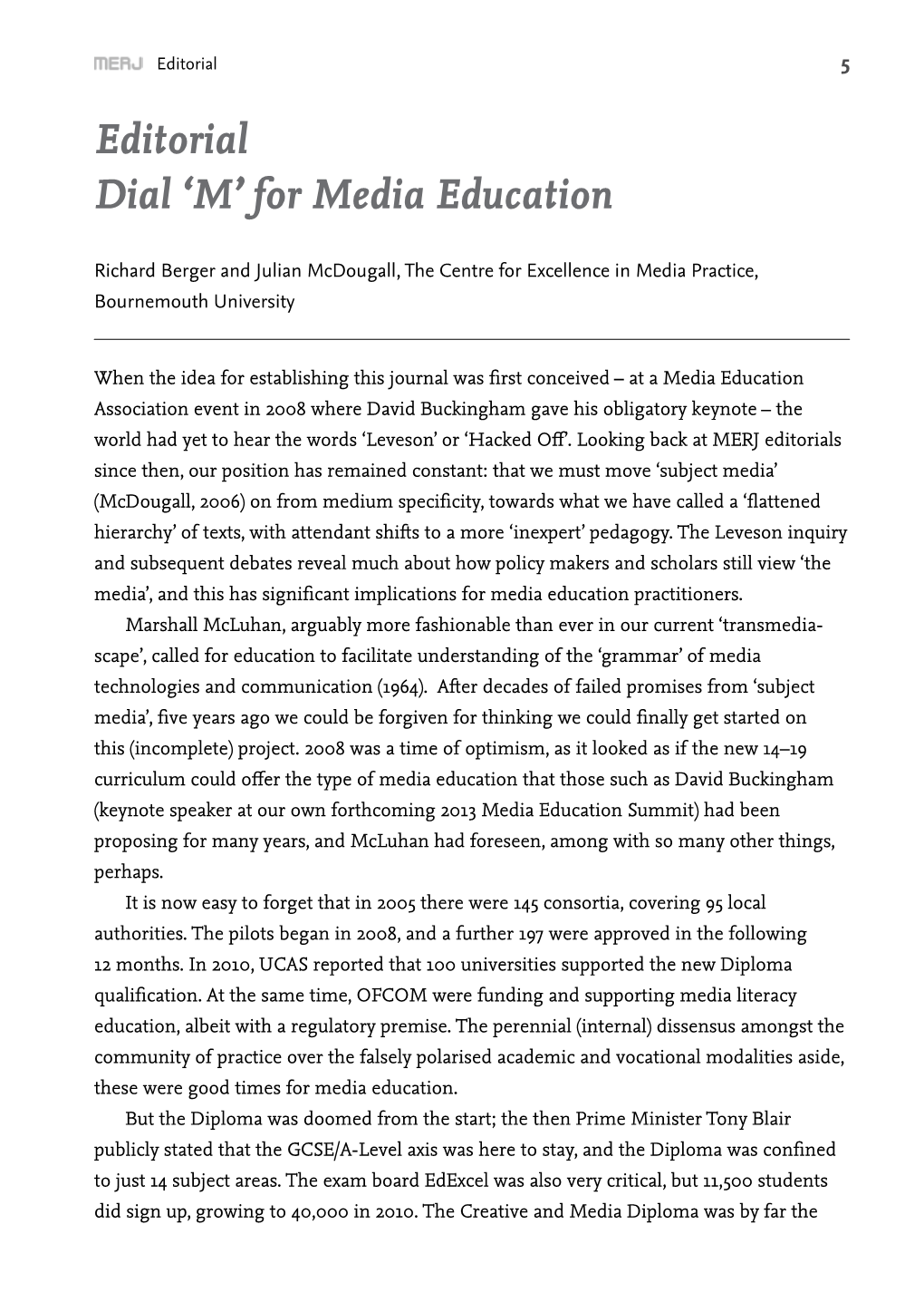 Editorial Dial 'M' for Media Education