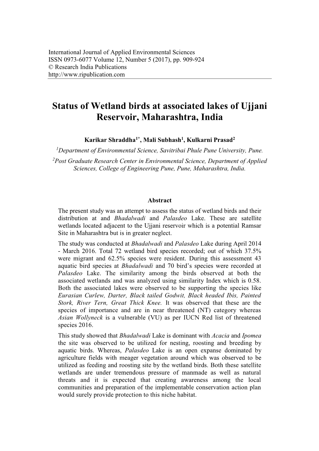 Status of Wetland Birds at Associated Lakes of Ujjani Reservoir, Maharashtra, India