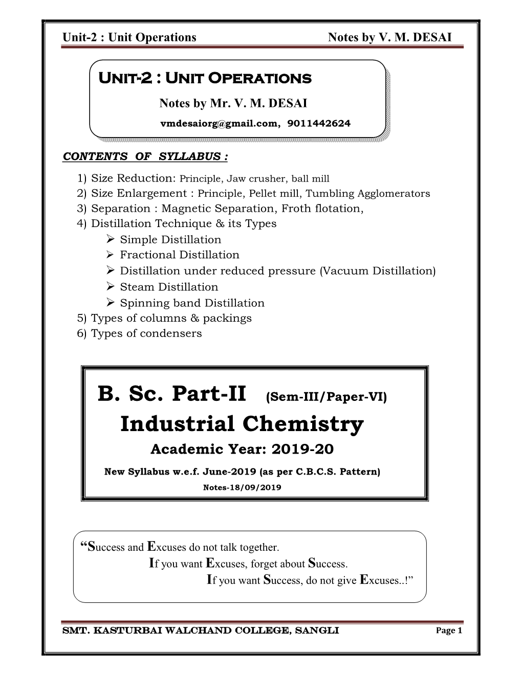 INDUSTRIAL CHEMISTRY B.SC. PART II Unit Operations