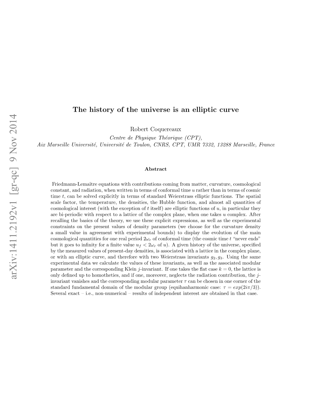 The History of the Universe Is an Elliptic Curve