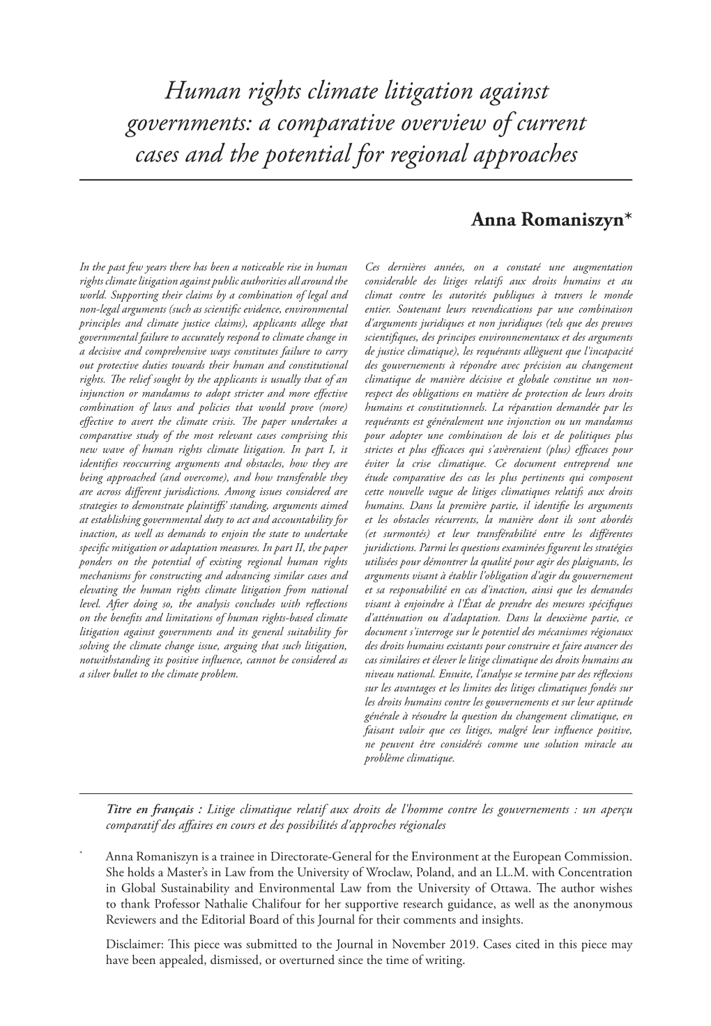 Human Rights Climate Litigation Against Governments: a Comparative Overview of Current Cases and the Potential for Regional Approaches