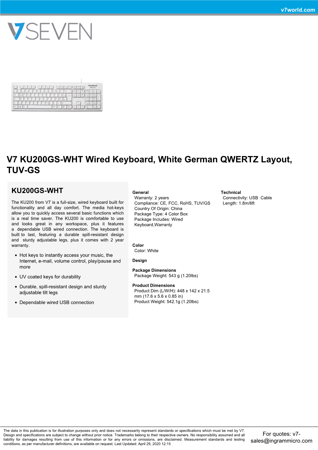 V7 KU200GS-WHT Wired Keyboard, White German QWERTZ Layout, TUV-GS
