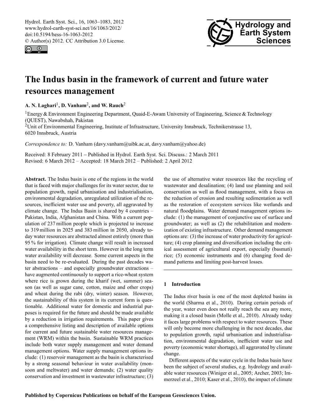 The Indus Basin in the Framework of Current and Future Water Resources Management