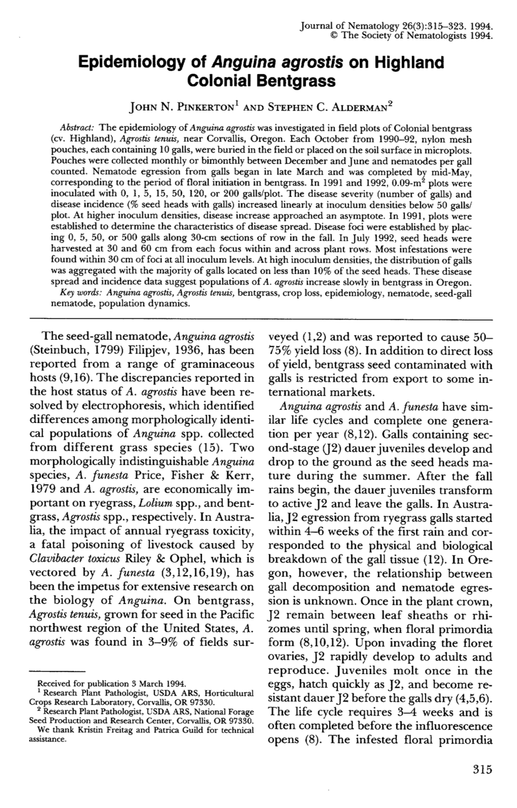 Epidemiology of Anguina Agrostis on Highland Colonial Bentgrass