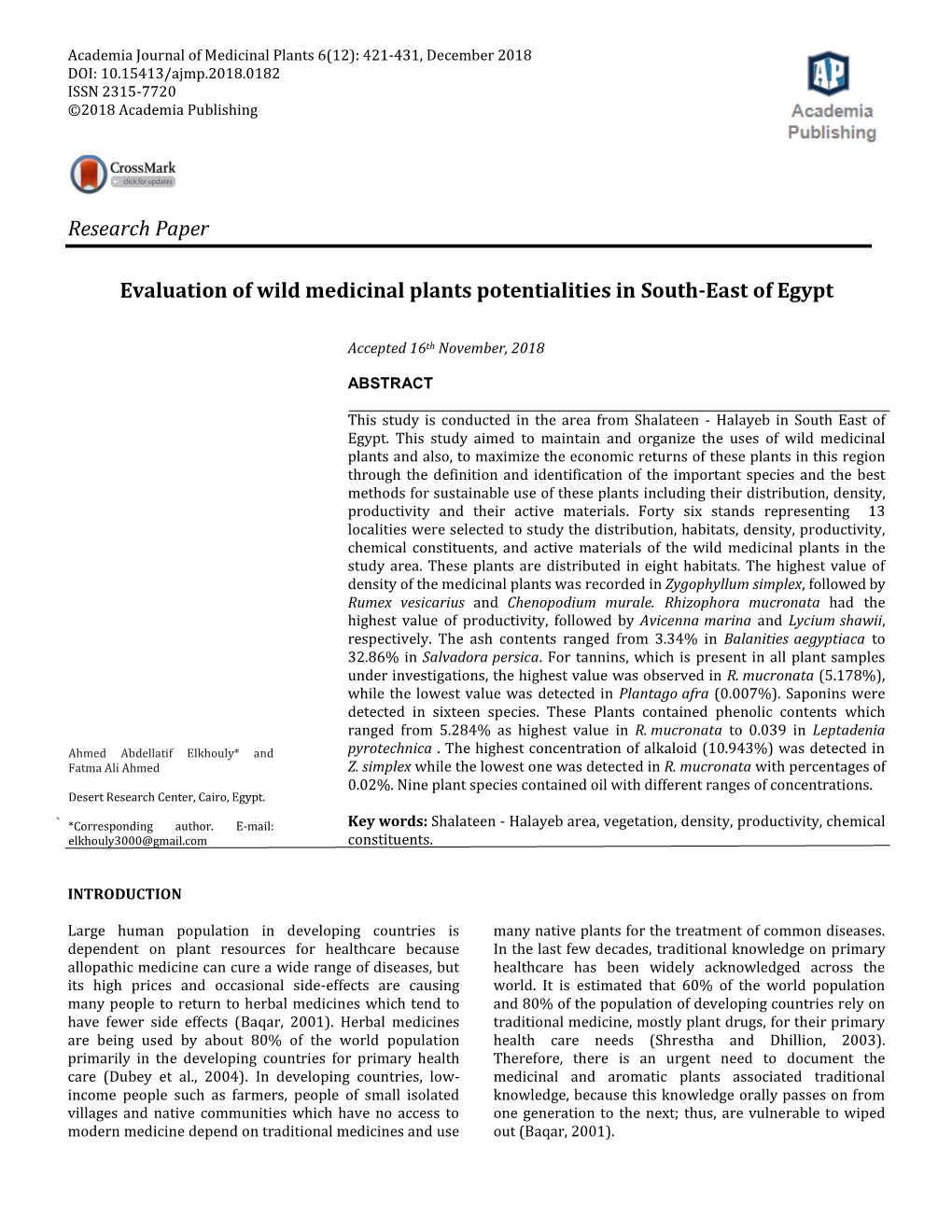 Research Paper Evaluation of Wild Medicinal Plants Potentialities In