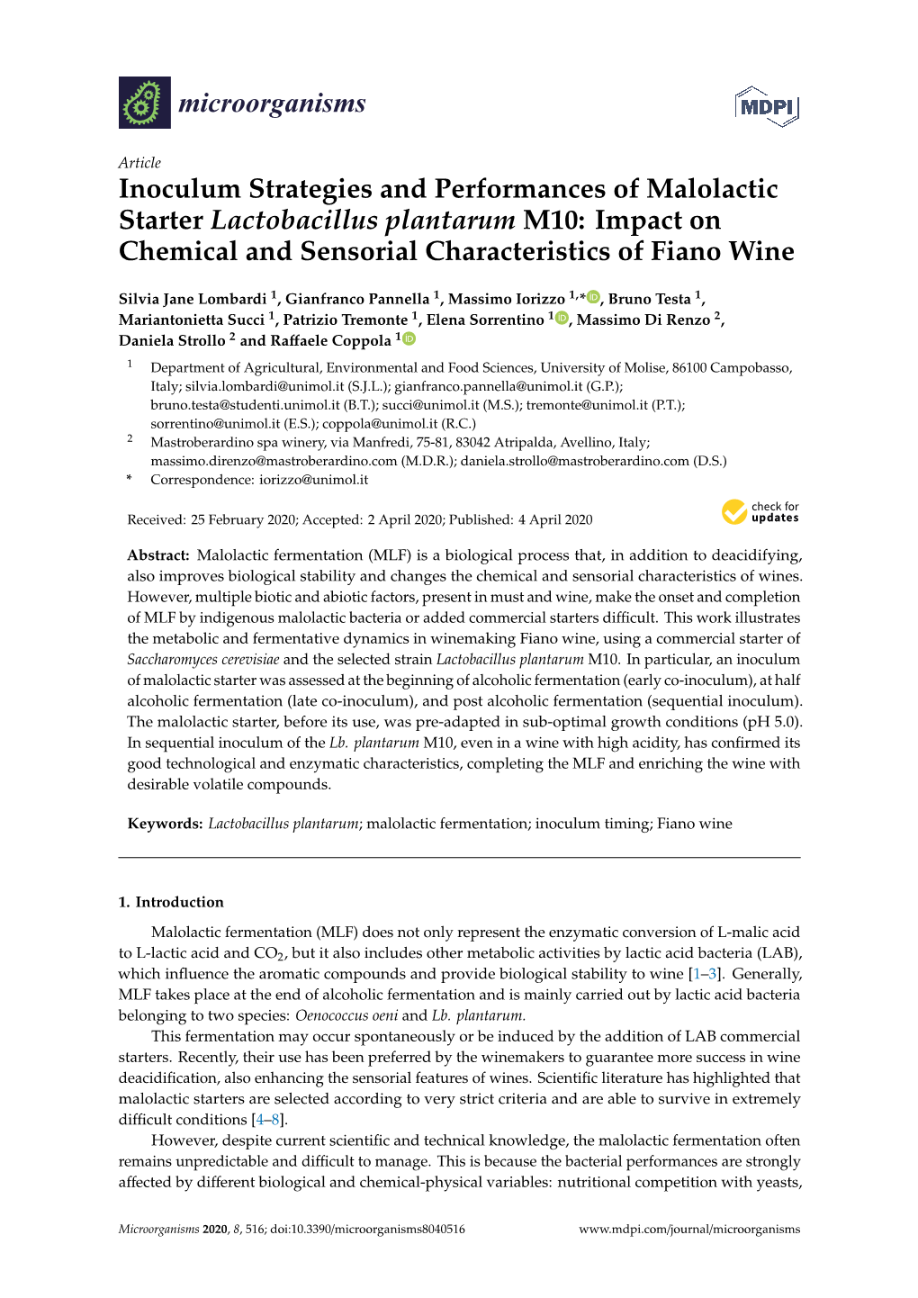 Inoculum Strategies and Performances of Malolactic Starter Lactobacillus Plantarum M10: Impact on Chemical and Sensorial Characteristics of Fiano Wine