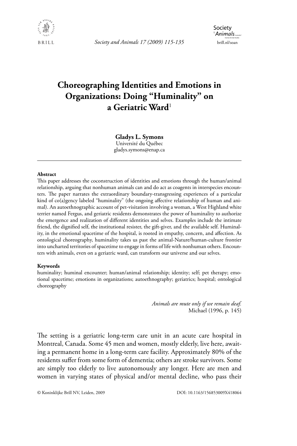 Choreographing Identities and Emotions in Organizations: Doing Â•Œhuminalityâ•Š on a Geriatric Ward