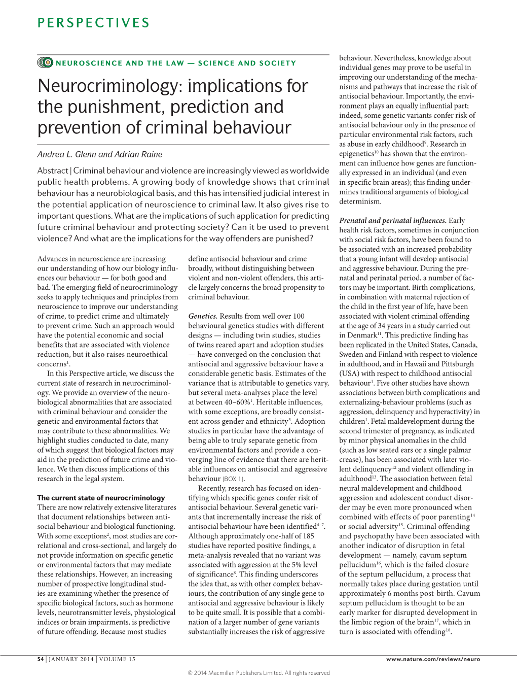 Neurocriminology: Implications for the Punishment, Prediction and Prevention of Criminal Behaviour