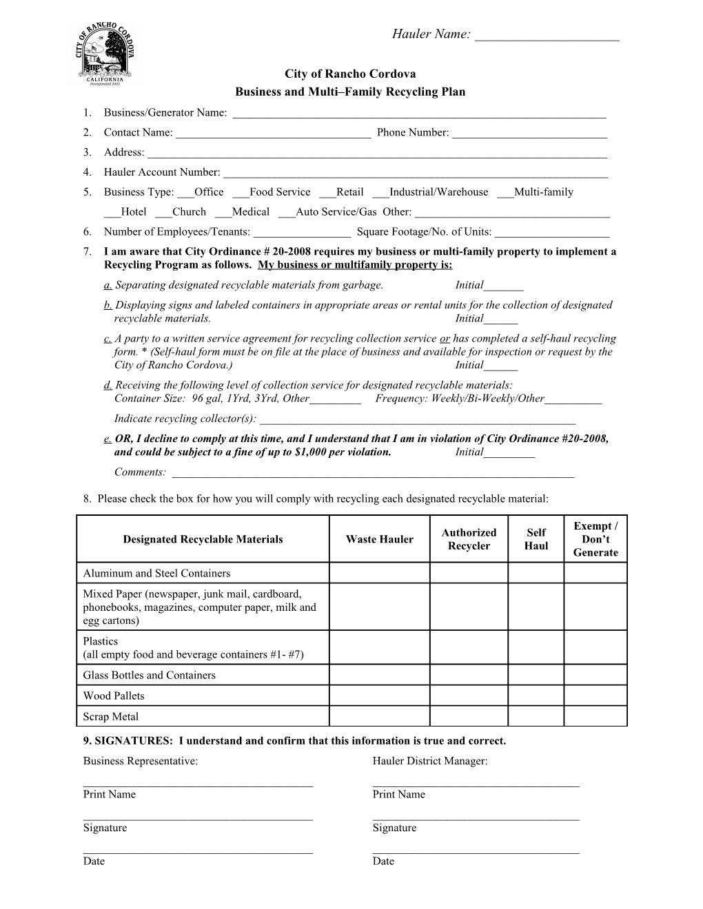 City of Rancho Cordova - Business Recycling Rule s1