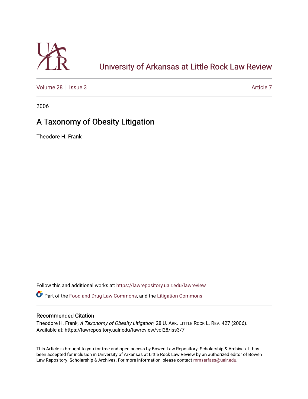 A Taxonomy of Obesity Litigation