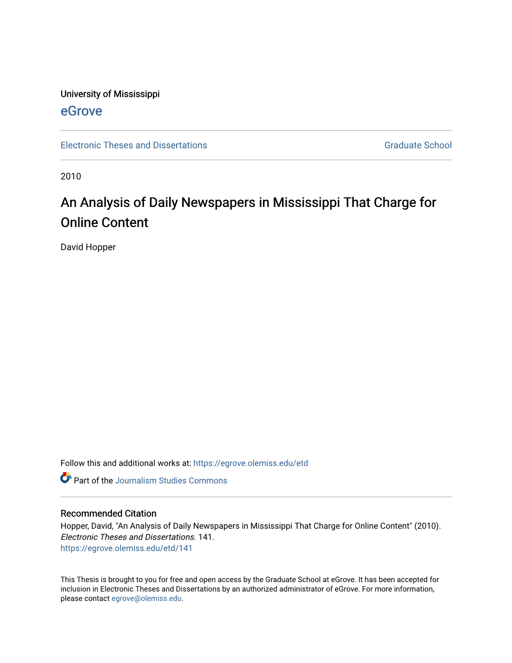 An Analysis of Daily Newspapers in Mississippi That Charge for Online Content