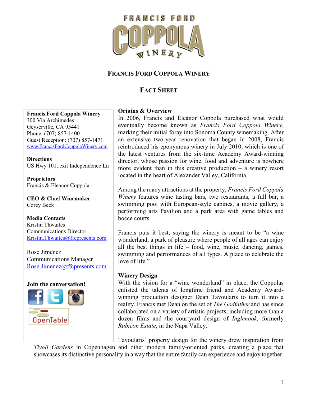 Francis Ford Coppola Winery Fact Sheet